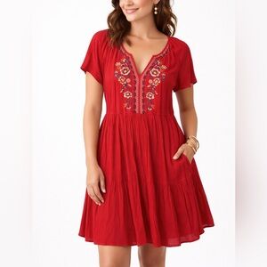 Knox Rose Boho Floral Mini Dress Red Embroidered Short Sleeve Size S 🚨